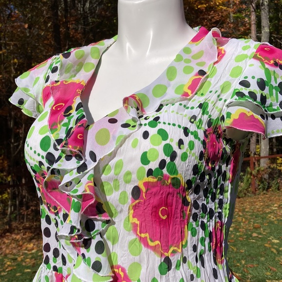 Dots and flowers flouncy ruffled V-front top size L - Picture 2 of 6